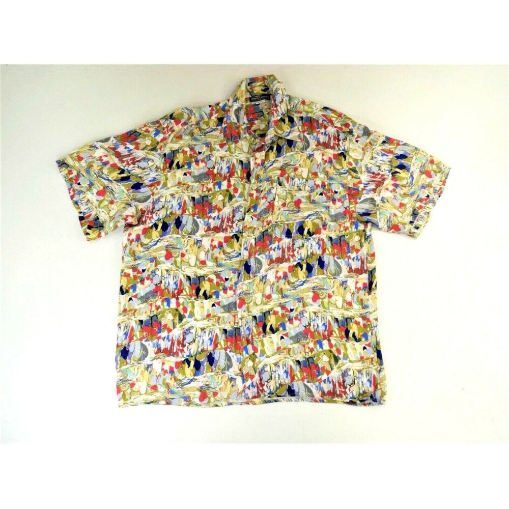Enrico Capucci Multicolor Art Short Sleeve Button Front 100% Silk Mens XLarge